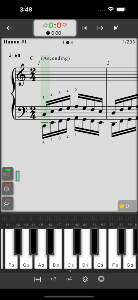 MusicKeyRoll Hanon practice screen
