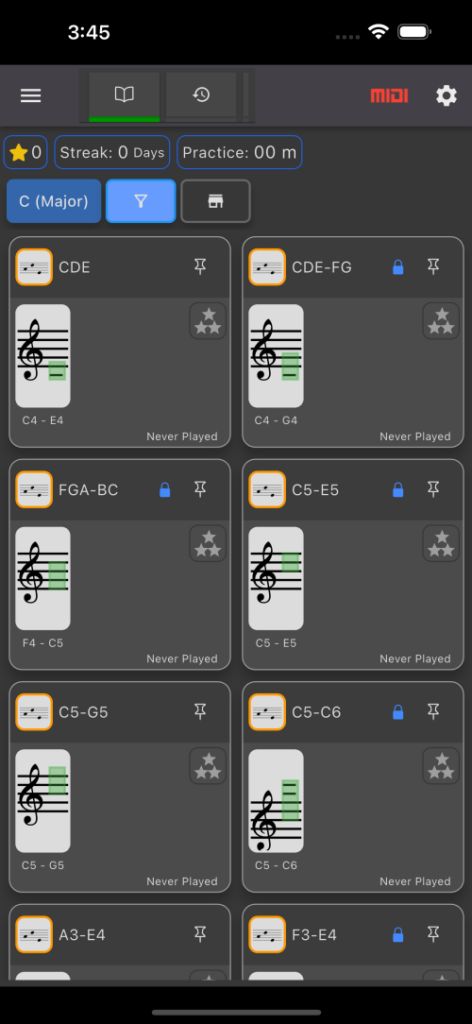 MusicKeyRoll lessons screen
