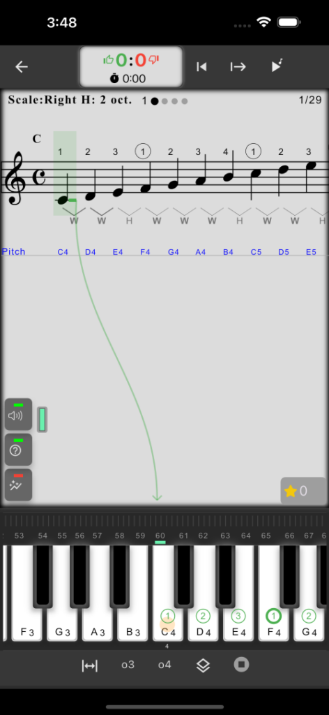 MusicKeyRoll scale practice screen