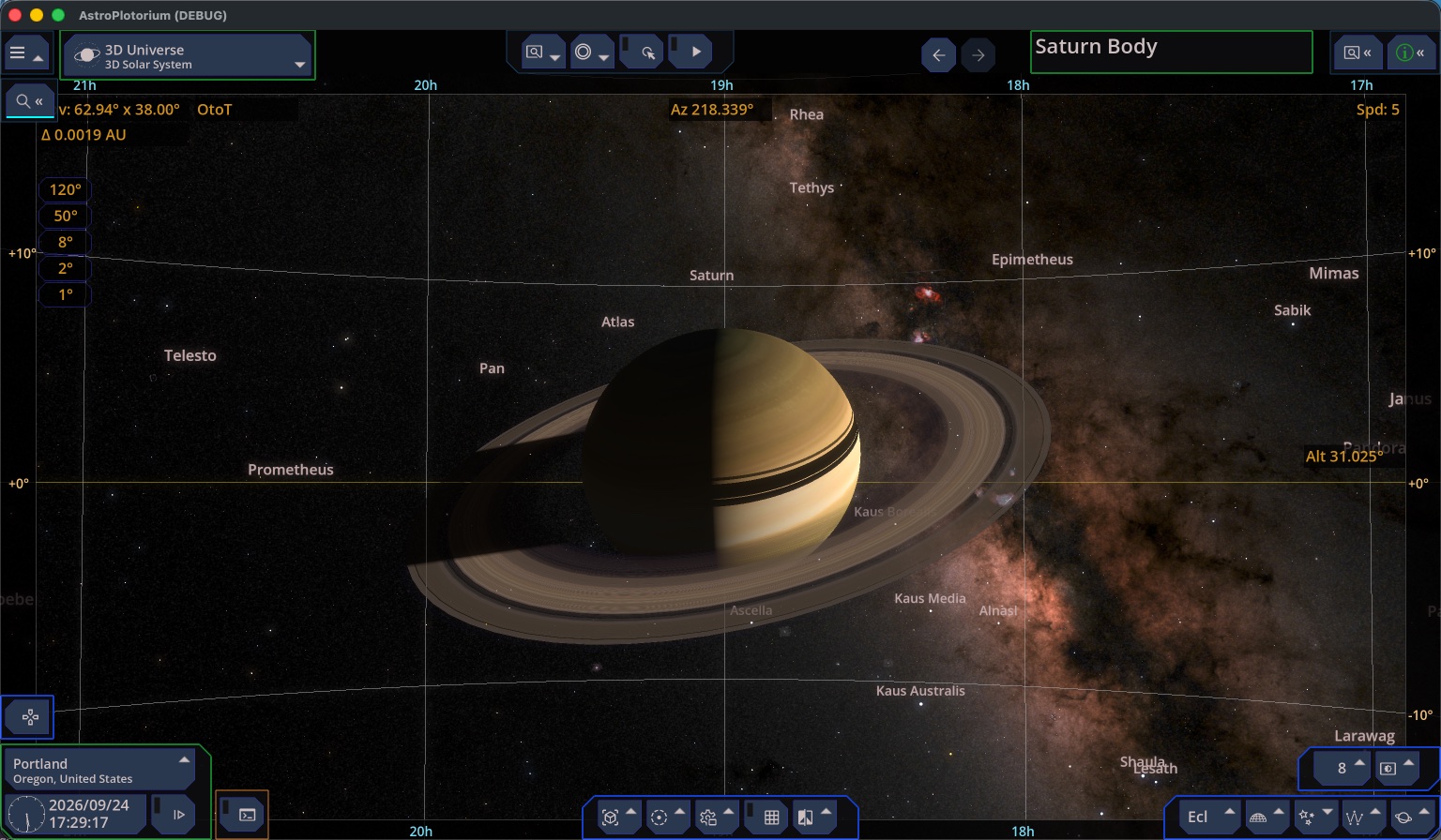 The main sky view with the navigator, clock, and layer controls