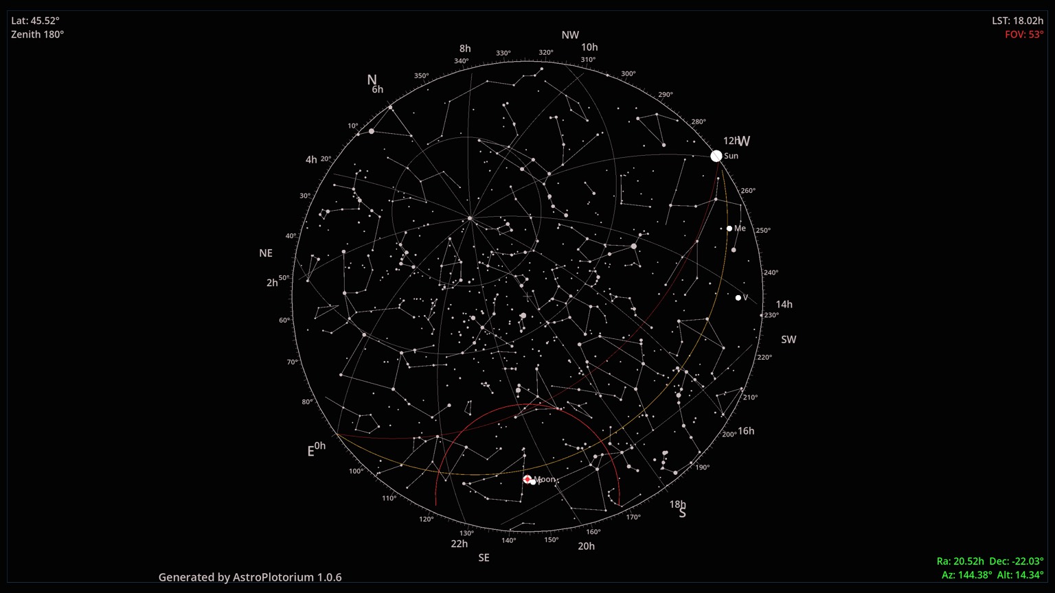 A planisphere chart for the current time and latitude